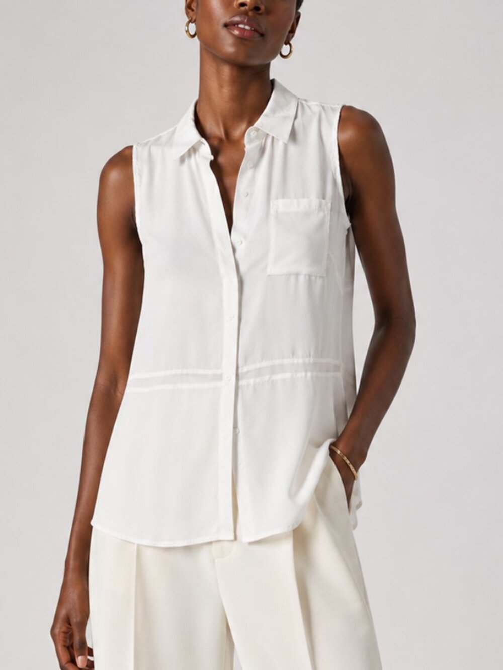 Go Silk White Silk Sleeveless Button Front Tank Size M